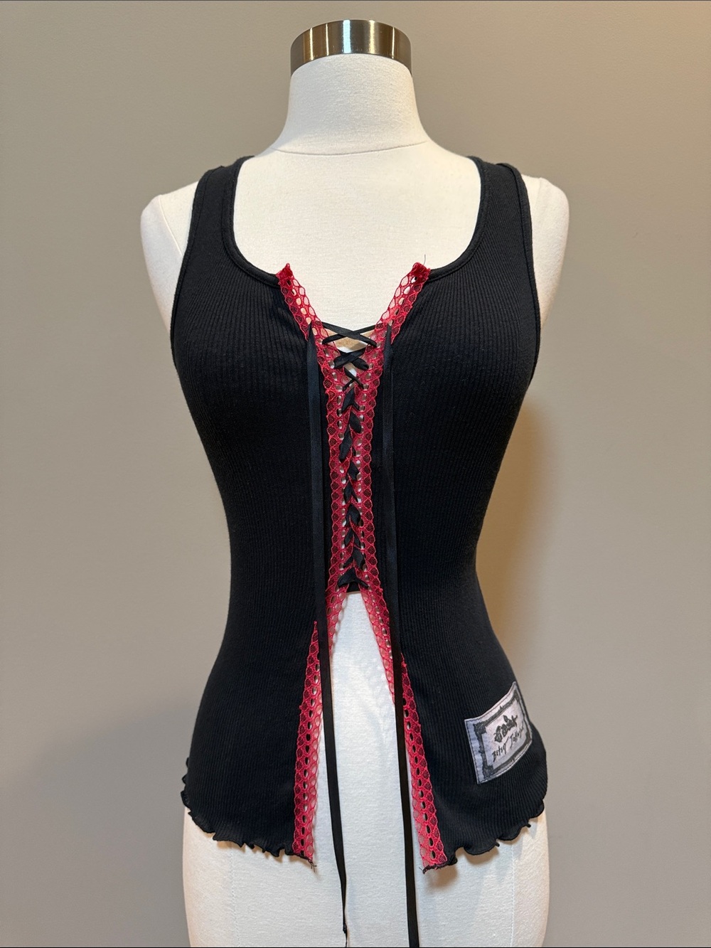 Y2K Betsey Johnson Black Ribbed Lace-Up Tank Top